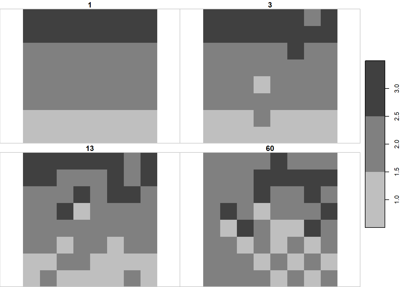 Simulated observations of land use $\mathbf{U}$ at four time points, based on chess data, using time slices at different times from those designated as the true state. Denoted 'Obs1' in following figures.