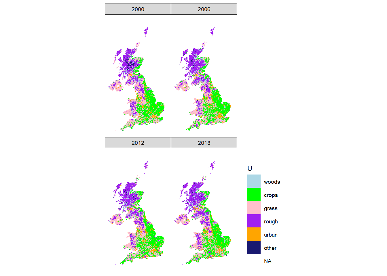 Spatial distribution of LULUCF land-use classes in the UK according to CORINE.