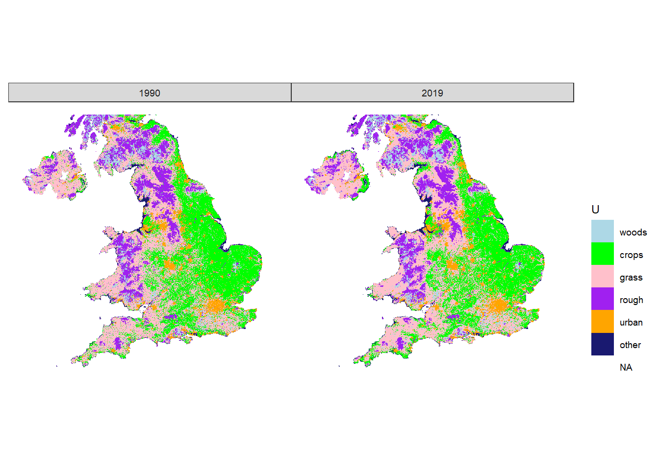 Estimated state of land-use $U$ in 1990 and 2019 in England.