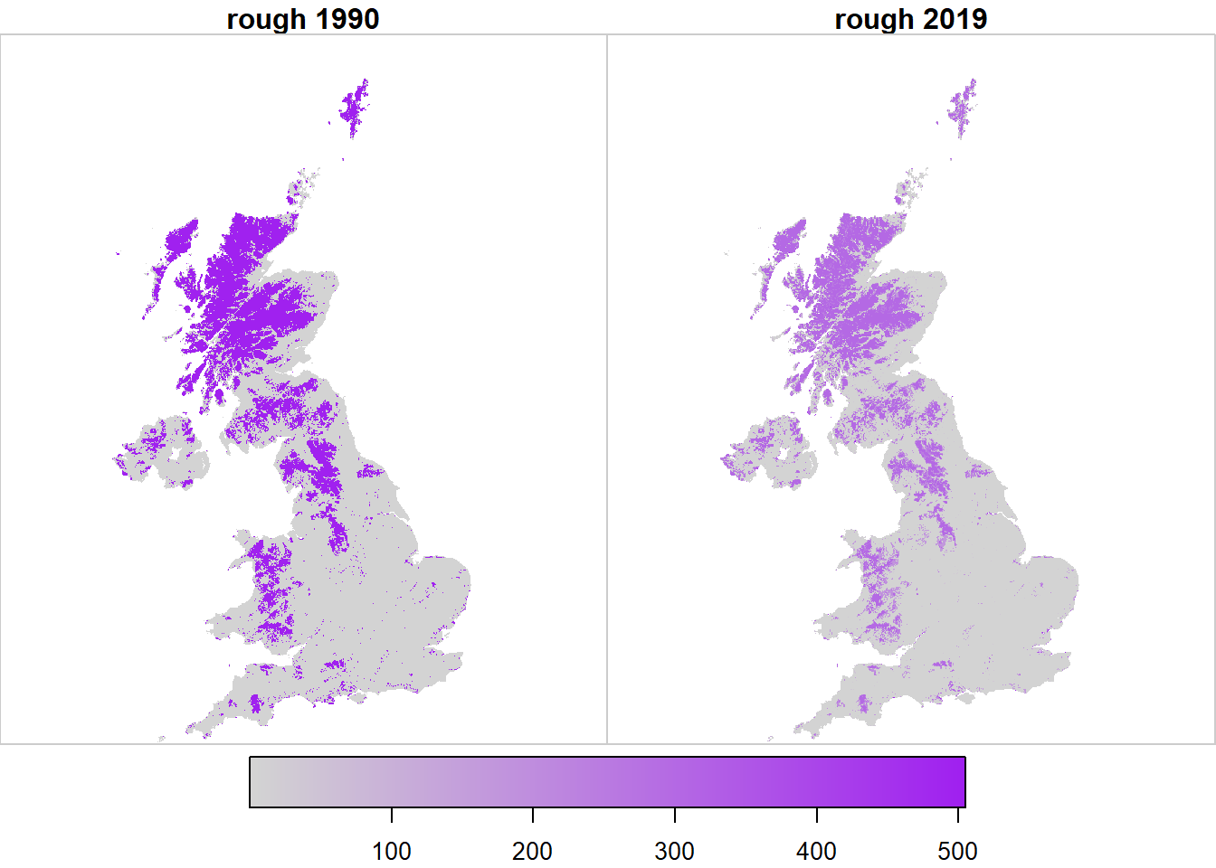 Spatial variation in the likelihood $\mathcal{L}$ of observing land use $u$ at two example points in time, arbitrarily rescaled for plotting.