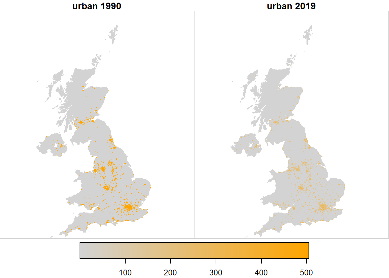 Spatial variation in the likelihood $\mathcal{L}$ of observing land use $u$ at two example points in time, arbitrarily rescaled for plotting.