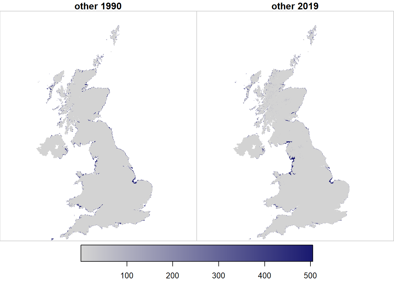 Spatial variation in the likelihood $\mathcal{L}$ of observing land use $u$ at two example points in time, arbitrarily rescaled for plotting.