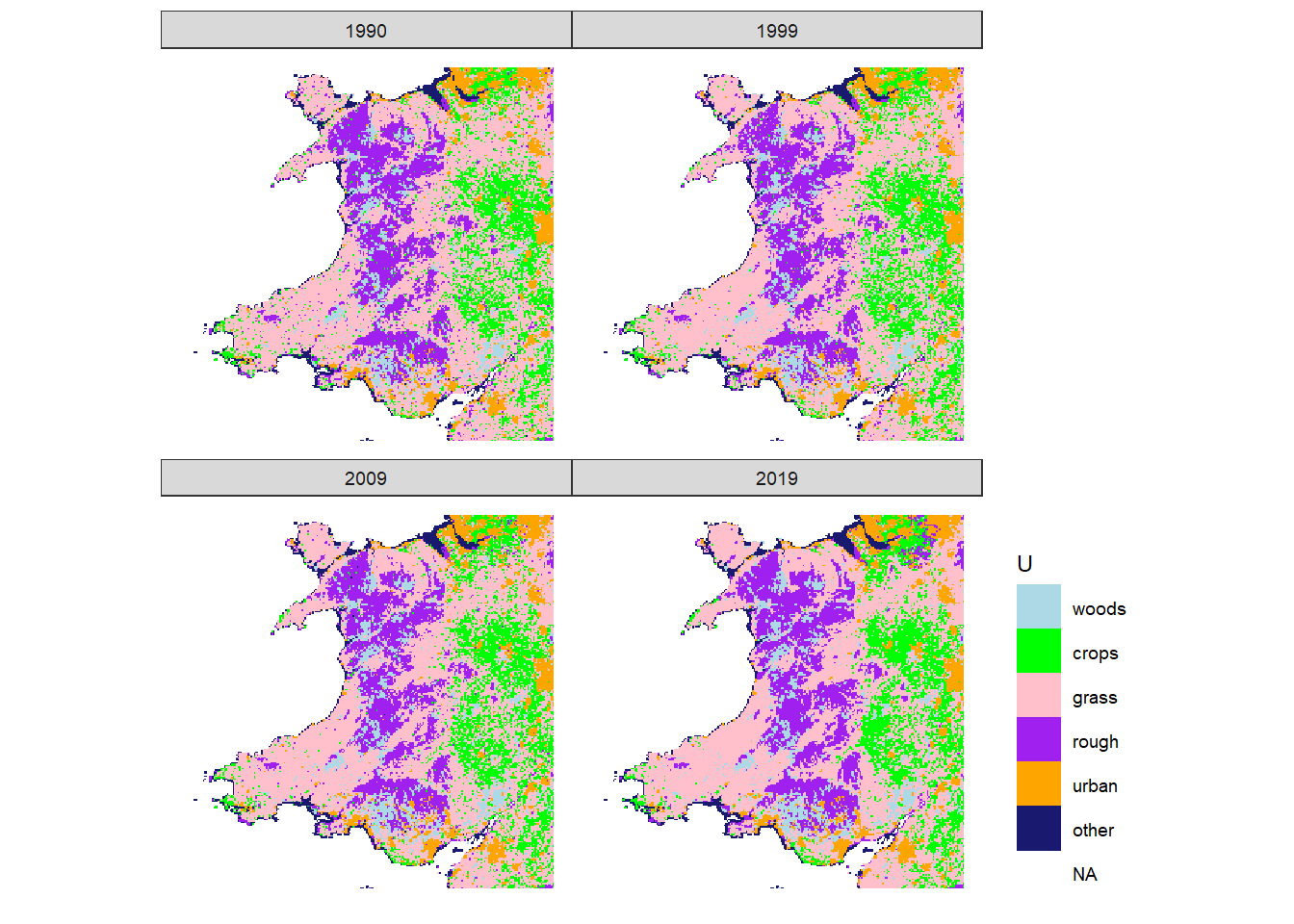 Estimated state of land-use $U$ in 1990, 1999, 2009 and 2019 in Wales.