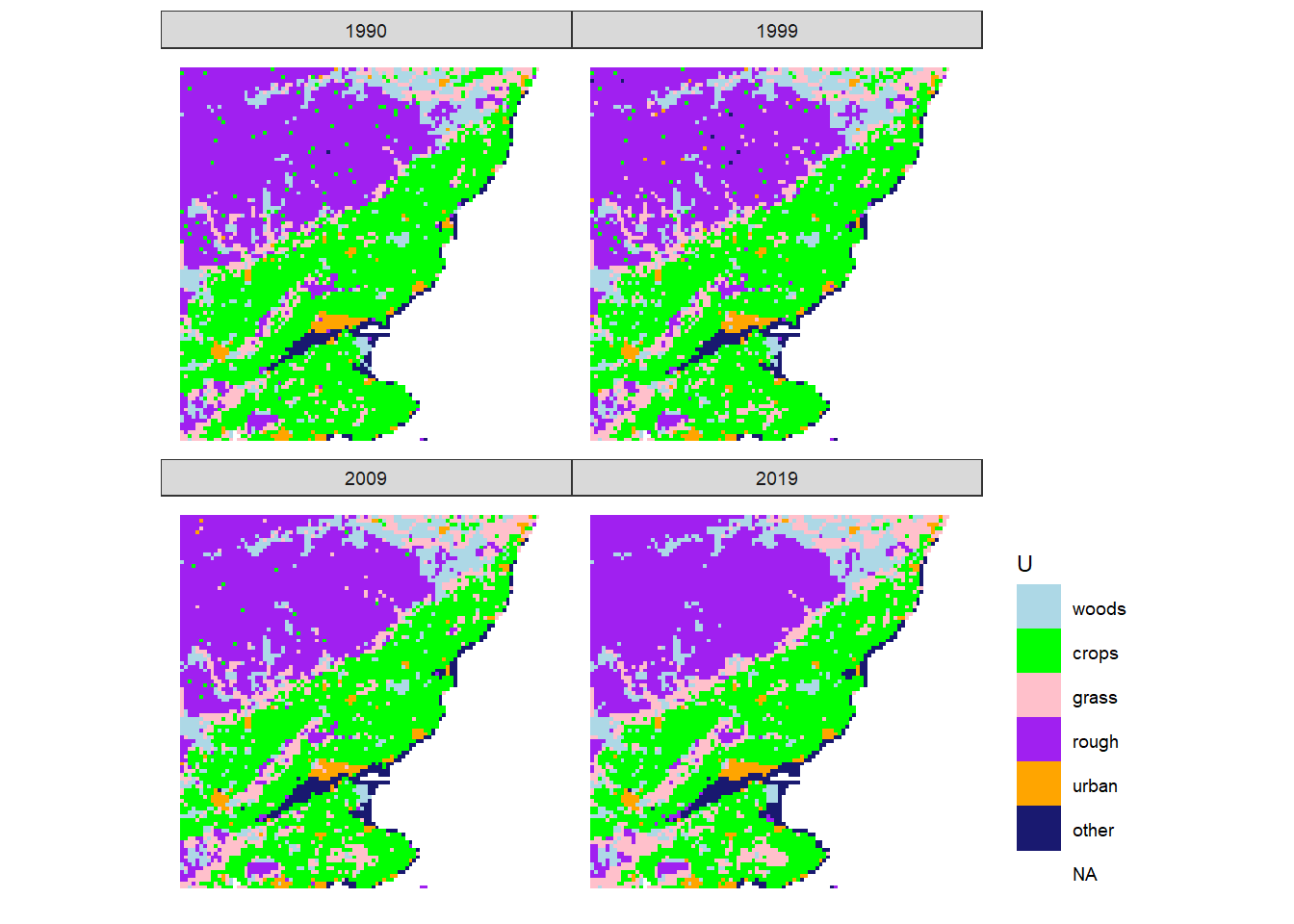 Estimated state of land-use $U$ in 1990, 1999, 2009 and 2019 in the 100 x 100 km square centred on Dundee.