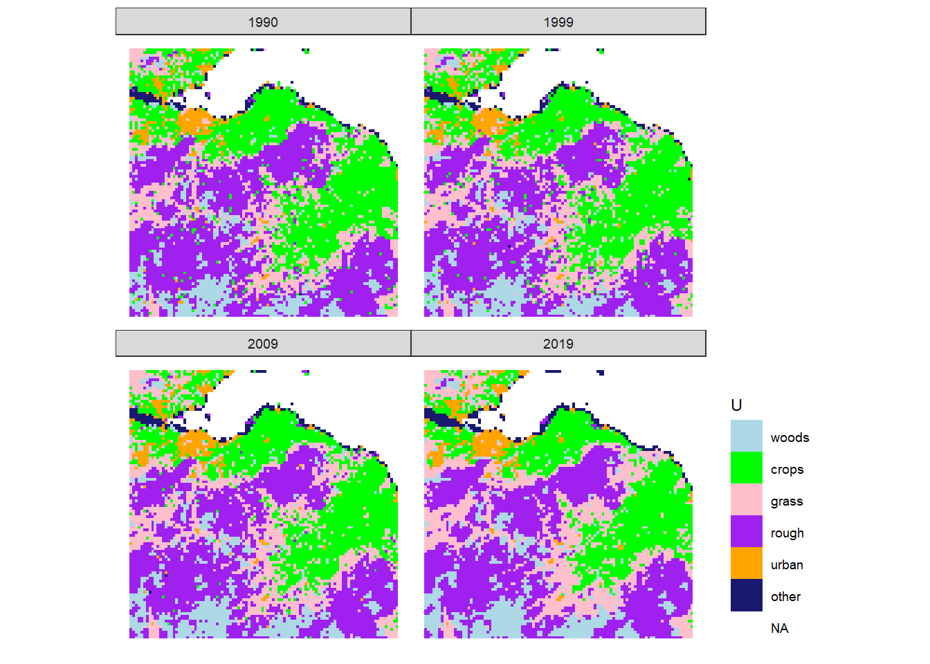 Estimated state of land-use $U$ in 1990, 1999, 2009 and 2019 in the 100 x 100 km square containing Edinburgh.