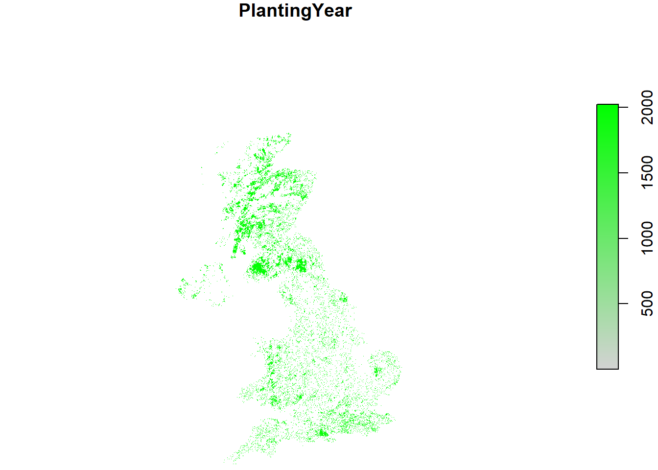 Map of forest area and date of planting across the UK from FC NFI, SCDB, and FSNI data.