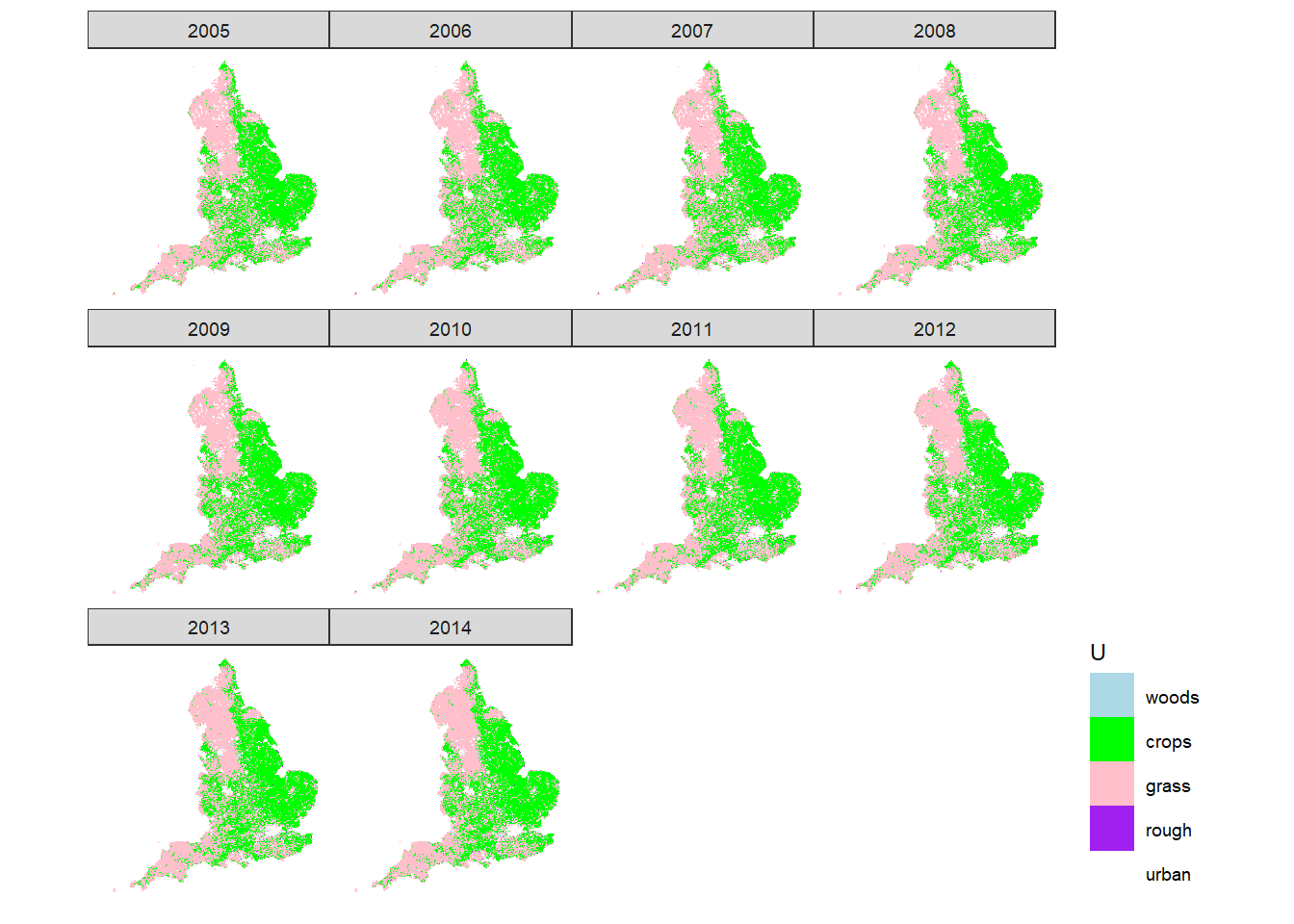 Spatial distribution of LULUCF land-use classes in the UK according to IACS.