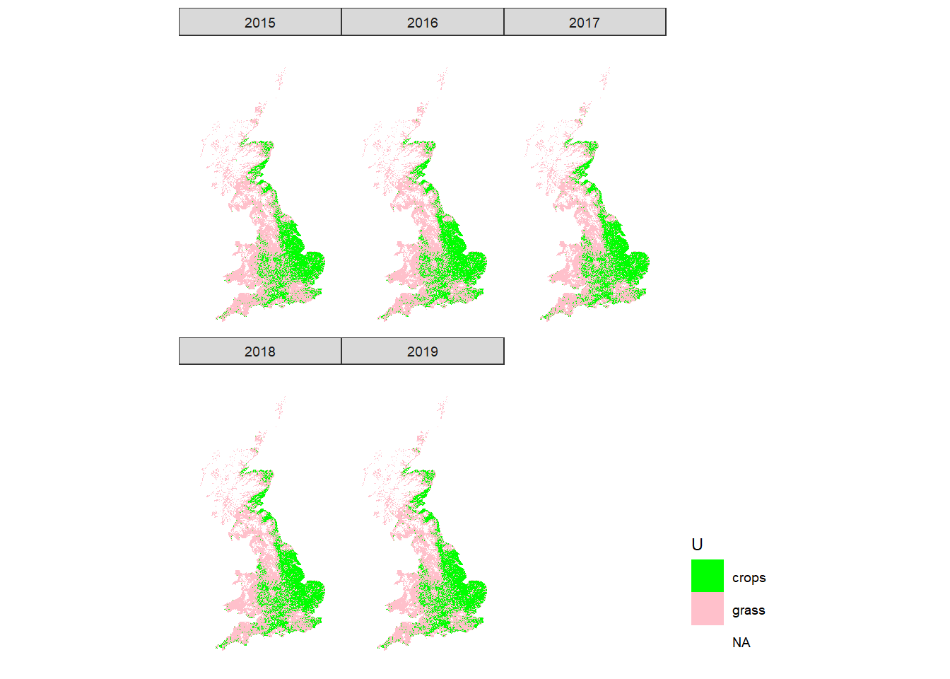 Spatial distribution of crop and grass land-use classes in the UK according to LCC.