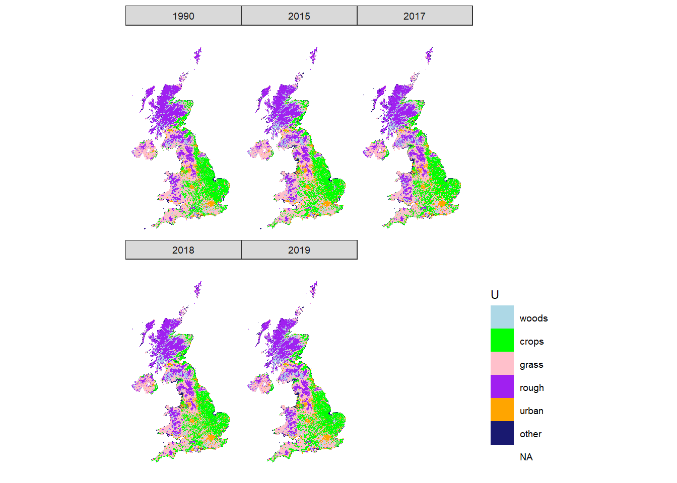 Spatial distribution of LULUCF land-use classes in the UK according to LCM.