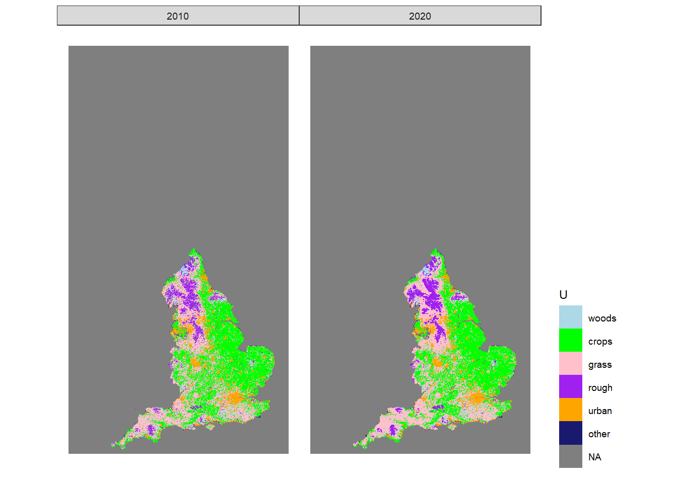 Estimated state of land-use in 2010 and 2020 in one realisation of $U$ from the maximum *a posteriori* estimate of $B$.