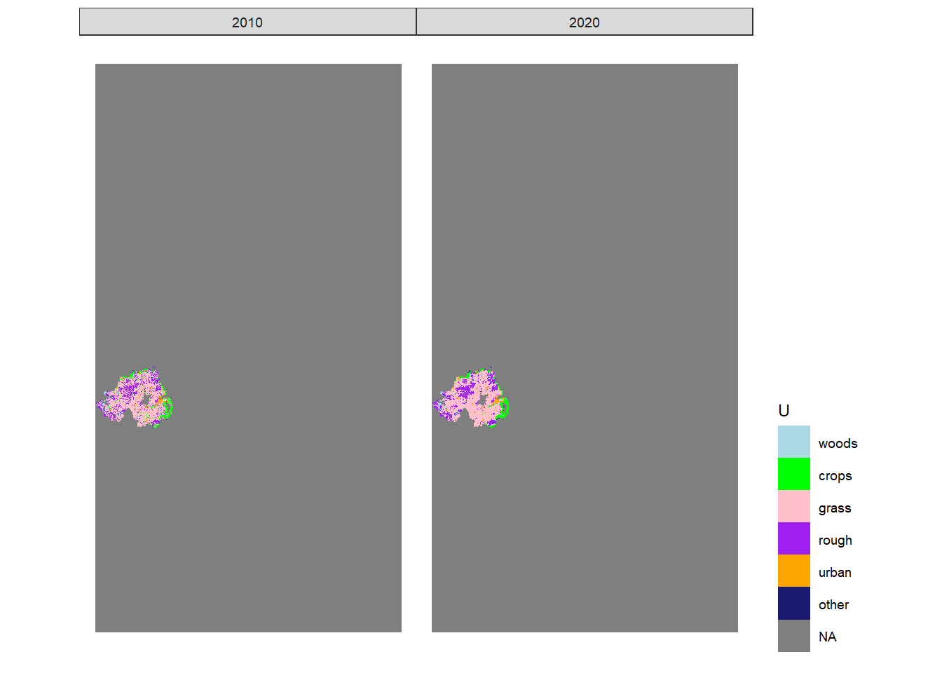 Estimated state of land-use in 2010 and 2020 in one realisation of $U$ from the maximum *a posteriori* estimate of $B$.