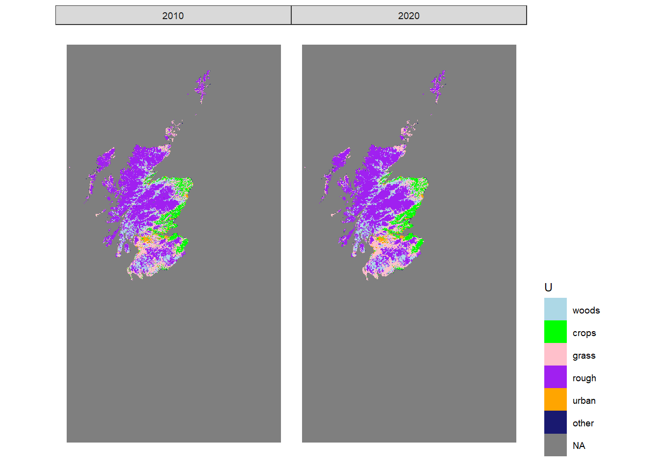 Estimated state of land-use in 2010 and 2020 in one realisation of $U$ from the maximum *a posteriori* estimate of $B$.